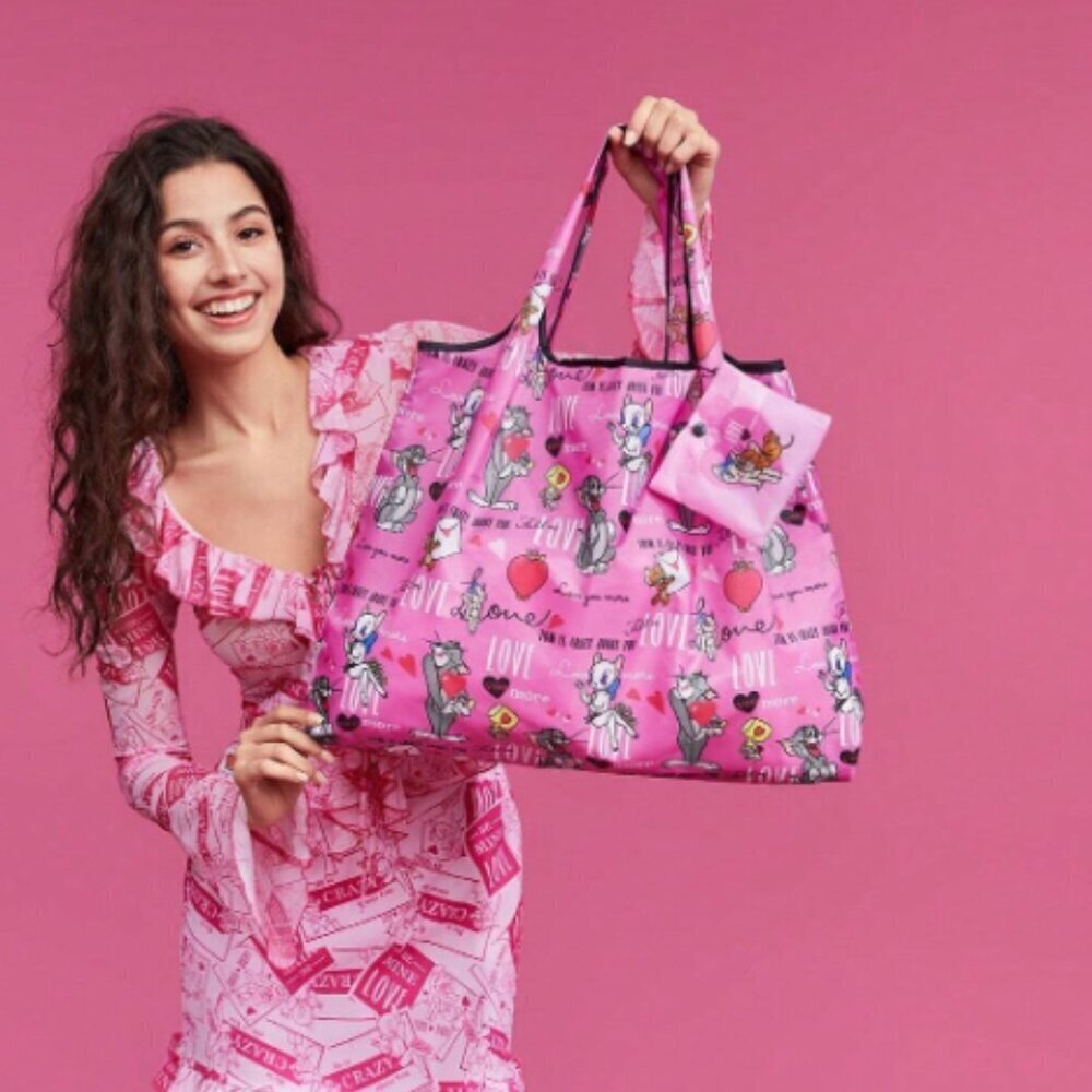 Tom & Jerry Reusable Tote Bag Packable Pink Love You More NWT